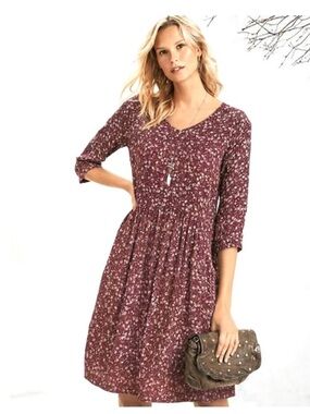 Garnet Hill 14 Burgundy Ditsy Floral V-Neck Pockets Bohemian 3/4 Sleeve Dress